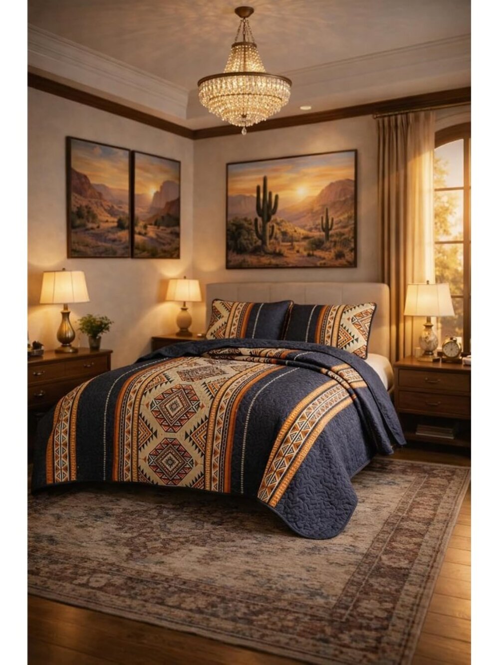 3 Piece Bedspread Set – Oversized Southwestern Quilt Set, Reversible Boho Aztec